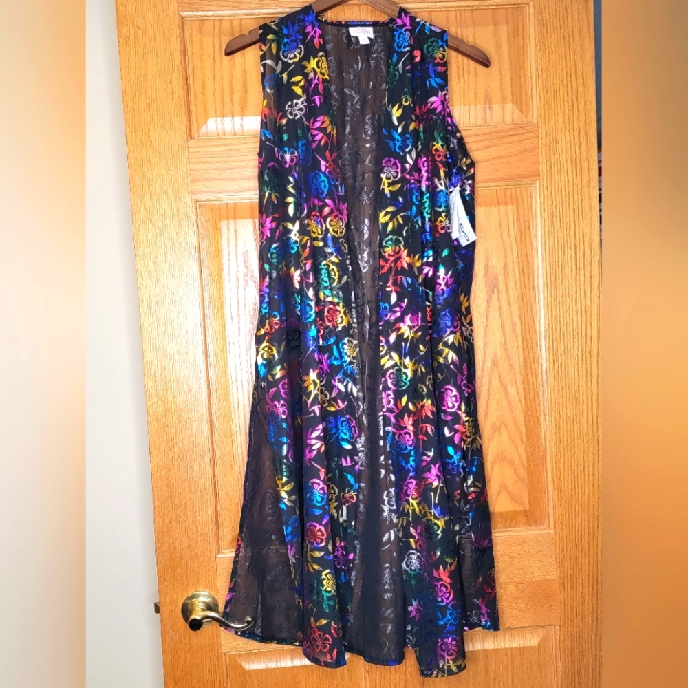 NWT LuLaRoe Joy Duster Split Side Vest Rainbow Floral Shiny Black Sz S